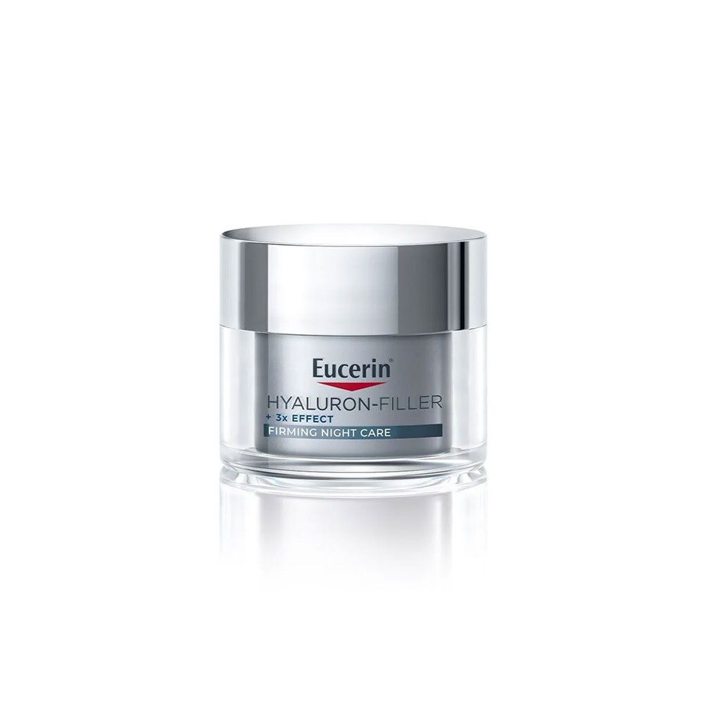 Crèmepot met zilveren deksel. Etiket toont Eucerin HYALURON-FILLER +3x EFFECT FIRMING NIGHT CARE.