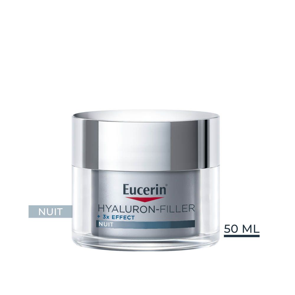 Pot de crème Eucerin Hyaluron-Filler + 3x Effect. Couvercle argenté. Crème de nuit.