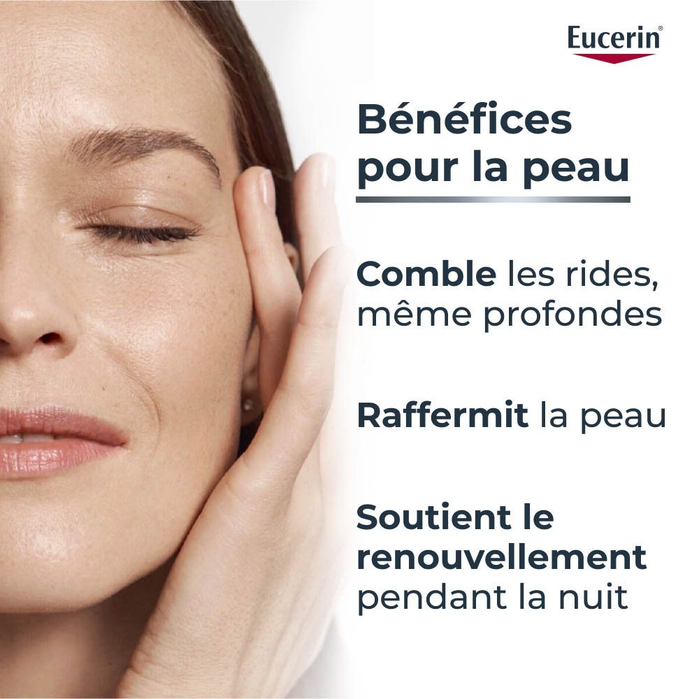 Pot de crème Eucerin Hyaluron-Filler + 3x Effect. Couvercle argenté. Crème de nuit.