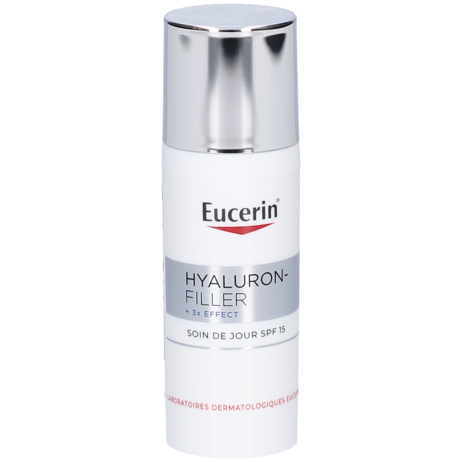 Witte fles met zilveren dop. Opschrift: Eucerin, Hyaluron-Filler + 3x Effect, Soin de jour SPF 15.