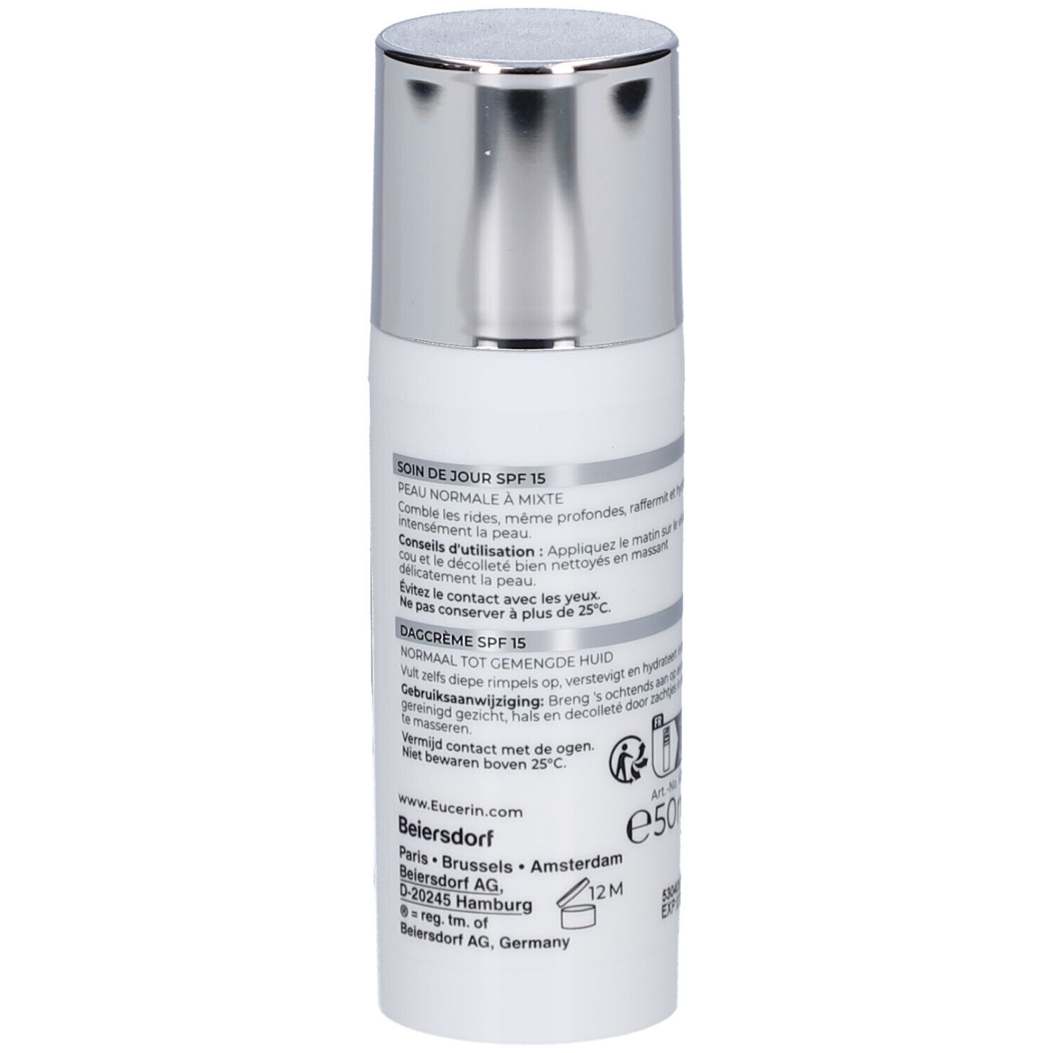 Witte fles met zilveren dop. Tekst en informatie op de achterkant. Opschrift: Eucerin, 50ml.