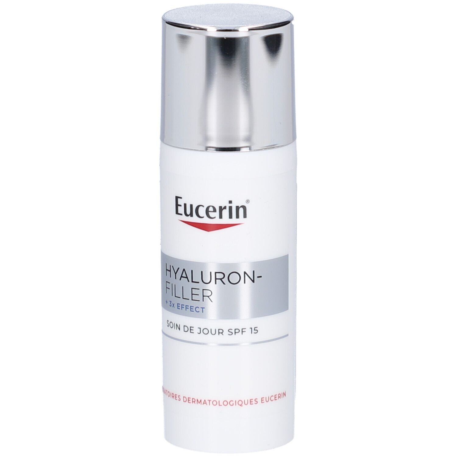 Witte fles met zilveren dop. Opschrift: Eucerin, Hyaluron-Filler + 3x Effect, Soin de jour SPF 15.