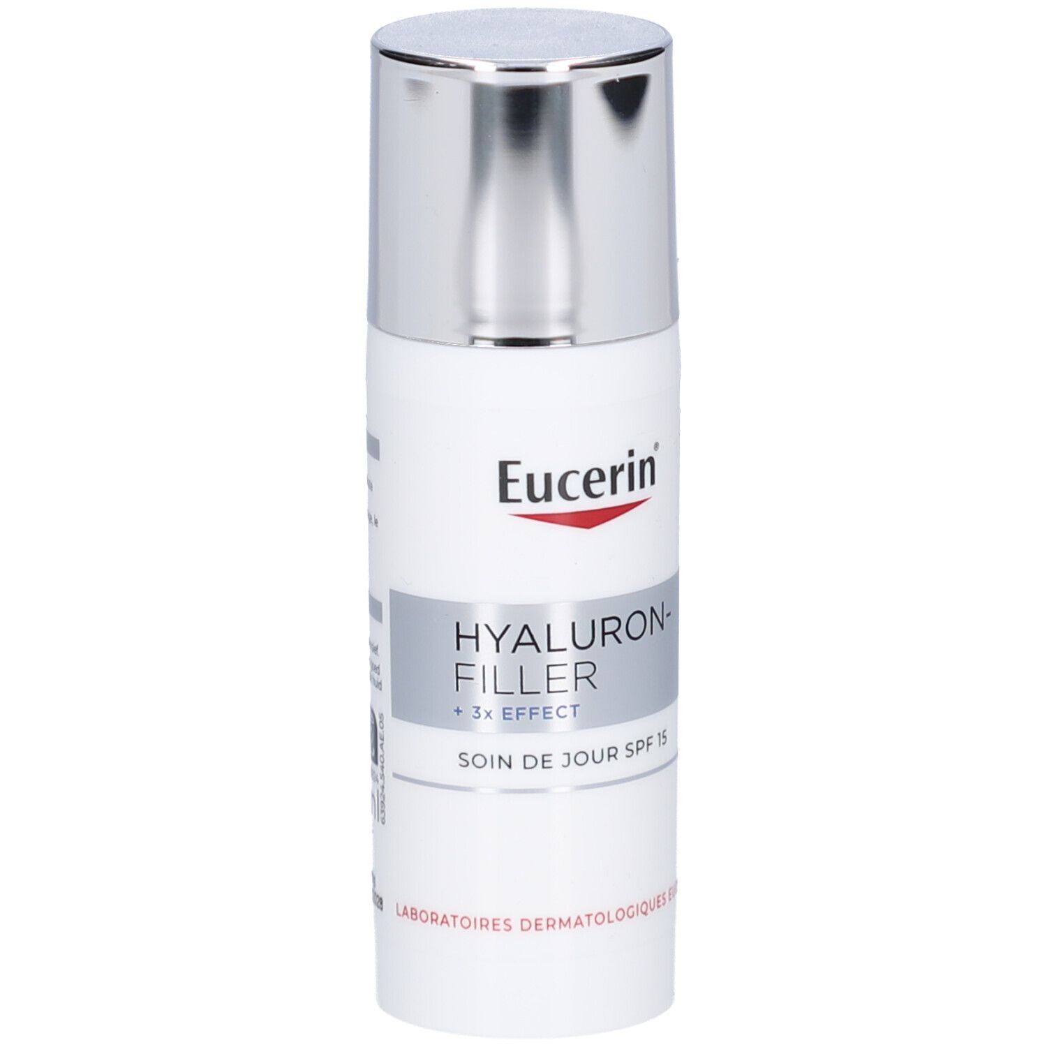 Witte fles met zilveren dop. Opschrift: Eucerin, Hyaluron-Filler + 3x Effect, Soin de jour SPF 15.