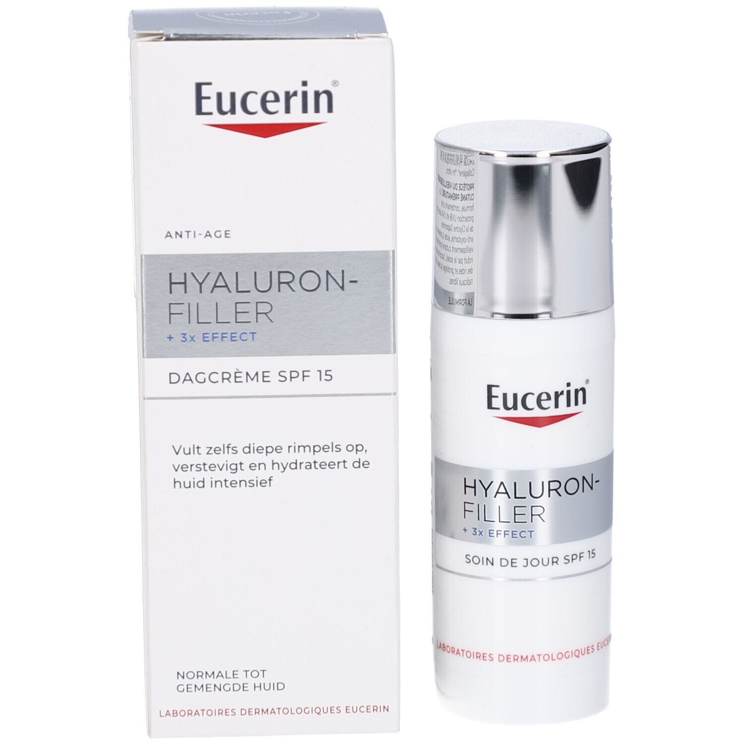 Productverpakking en fles. Opschrift: Eucerin, Hyaluron-Filler + 3x Effect, Dagcrème SPF 15. Witte verpakking.