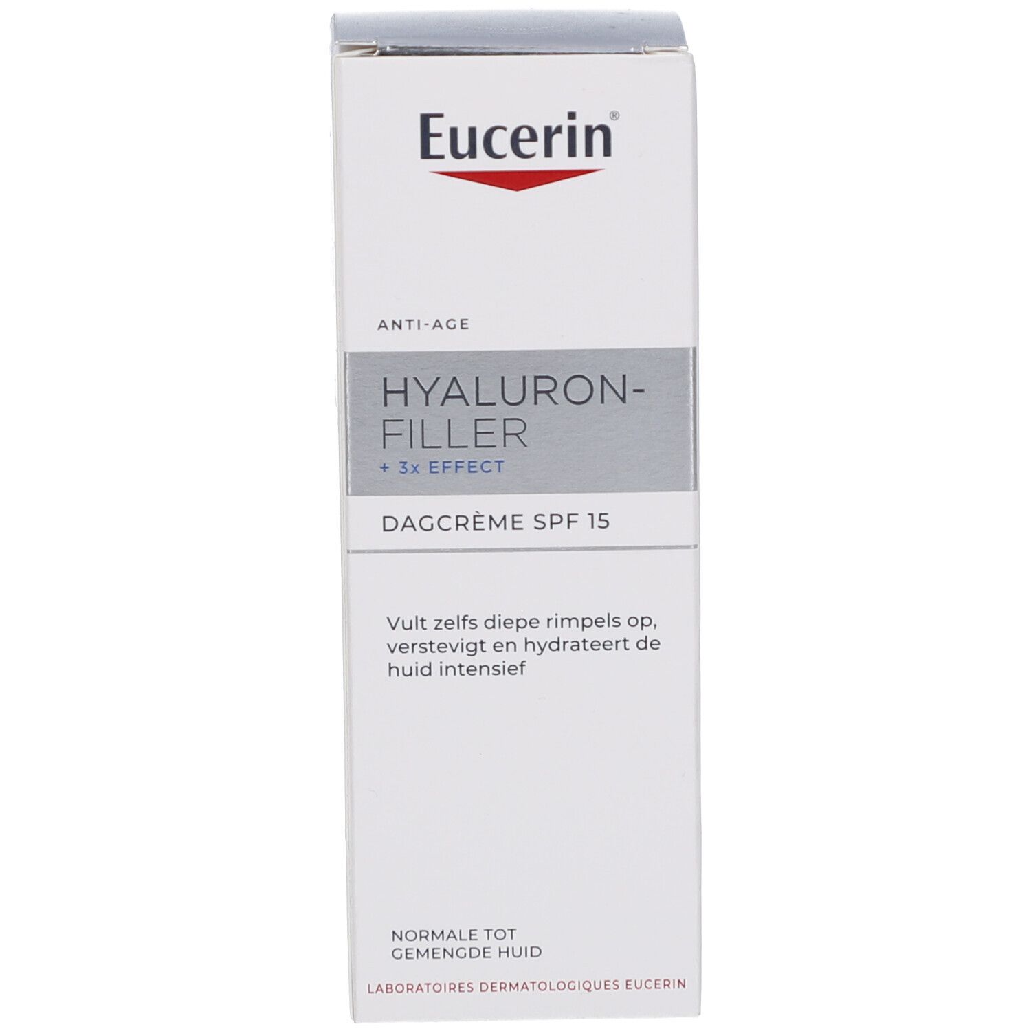 Witte productverpakking. Opschrift: Eucerin, Hyaluron-Filler + 3x Effect, Dagcrème SPF 15. Anti-Age.
