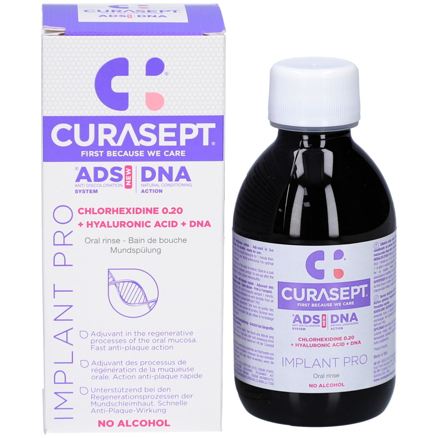 Fles en doos. Opschrift: CURASEPT ADS DNA Implant Pro. Mondspoeling. Met illustratie.