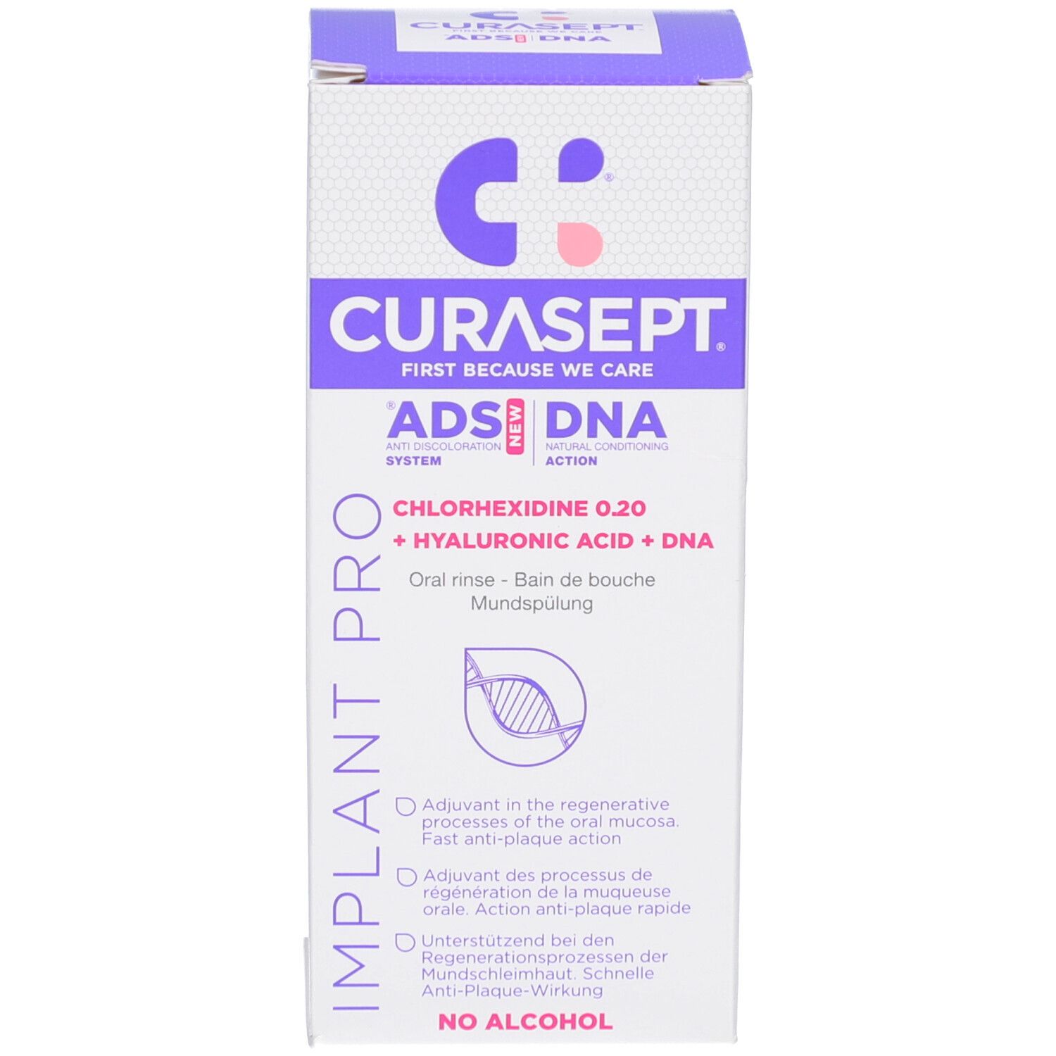 Doos met opschrift: CURASEPT ADS DNA Implant Pro. Mondspoeling. Met illustratie.
