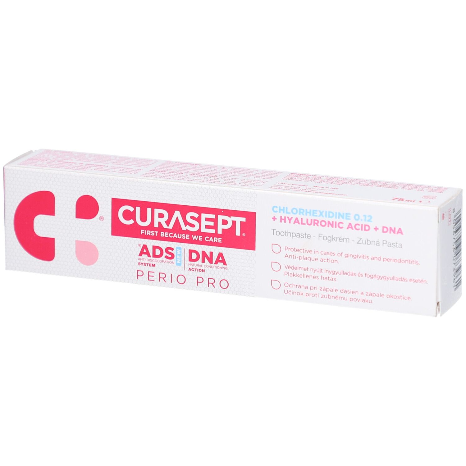 Tandpastadoos Curasept ADS DNA Perio Pro. Bevat chloorhexidine, hyaluronzuur en DNA. Meertalige tekst.