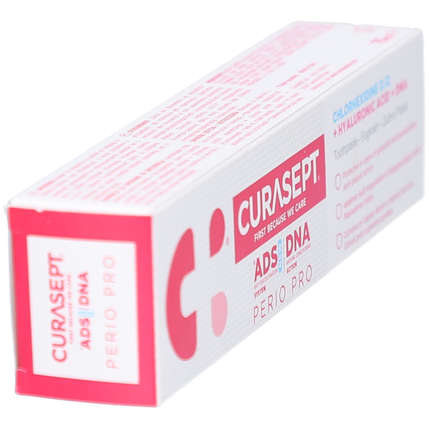 Tandpastadoos schuin. Curasept ADS DNA Perio Pro. Bevat chloorhexidine, hyaluronzuur en DNA. Meertalige tekst.