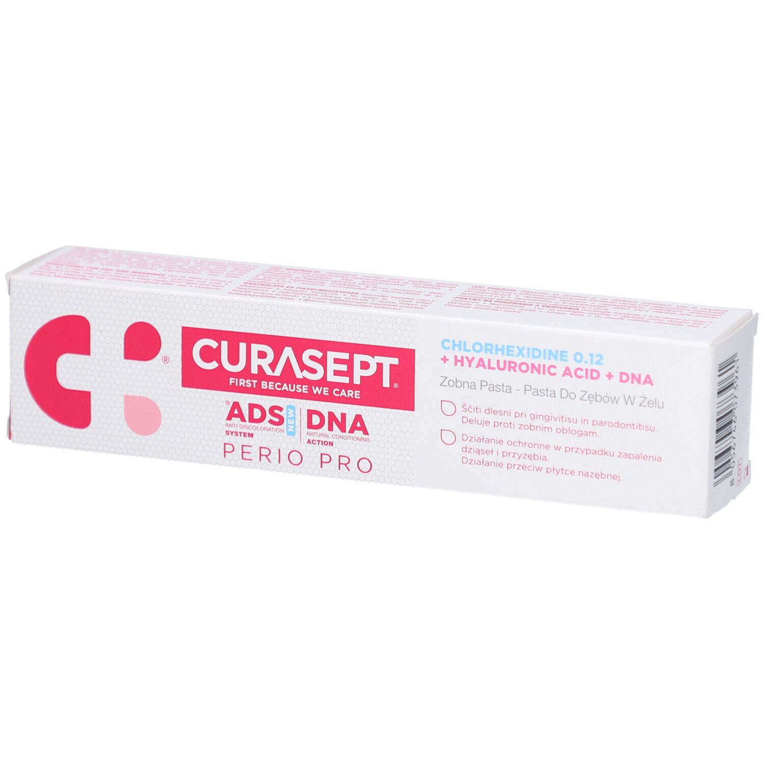 Tandpastadoos Curasept ADS DNA Perio Pro. Bevat chloorhexidine, hyaluronzuur en DNA. Meertalige tekst.