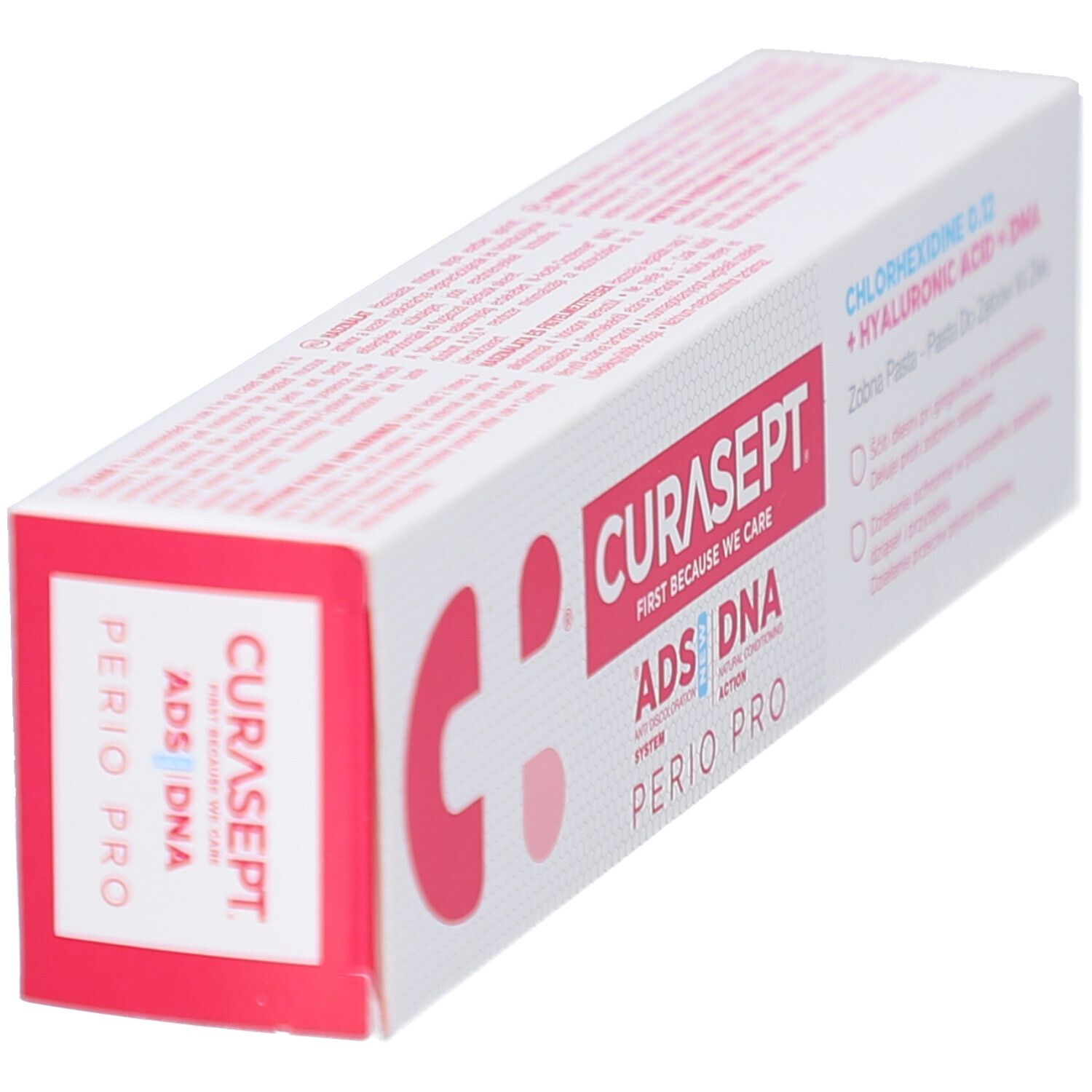 Tandpastadoos schuin. Curasept ADS DNA Perio Pro. Bevat chloorhexidine, hyaluronzuur en DNA. Meertalige tekst.