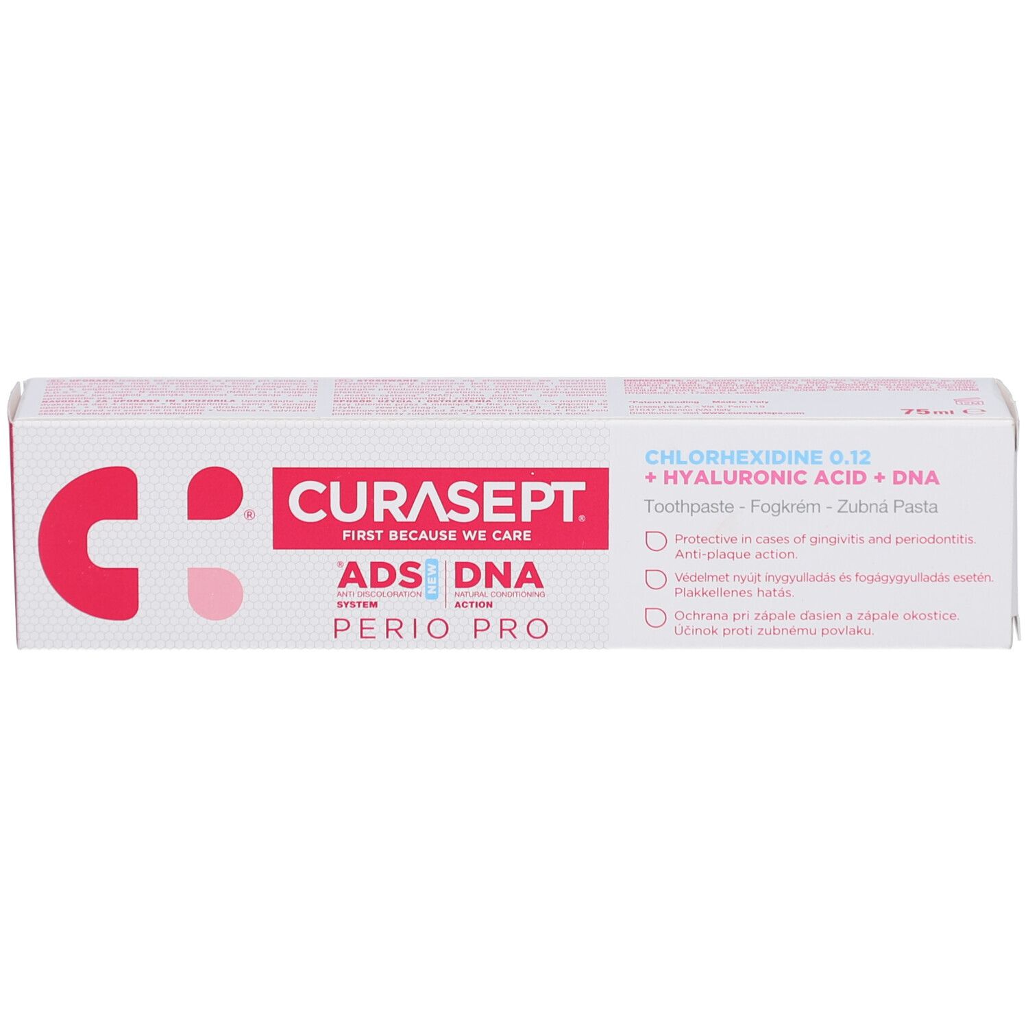 Tandpastadoos Curasept ADS DNA Perio Pro. Bevat chloorhexidine, hyaluronzuur en DNA. 75ml.