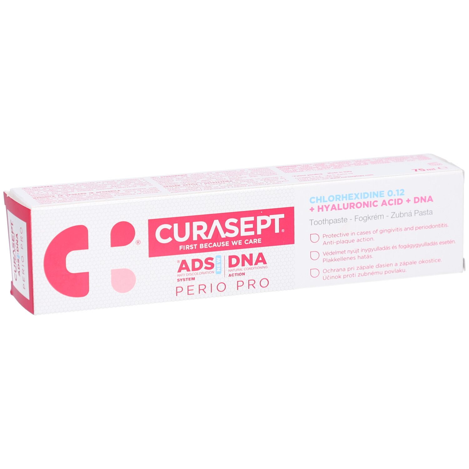 Tandpastadoos Curasept ADS DNA Perio Pro. Bevat chloorhexidine, hyaluronzuur en DNA. 75ml.