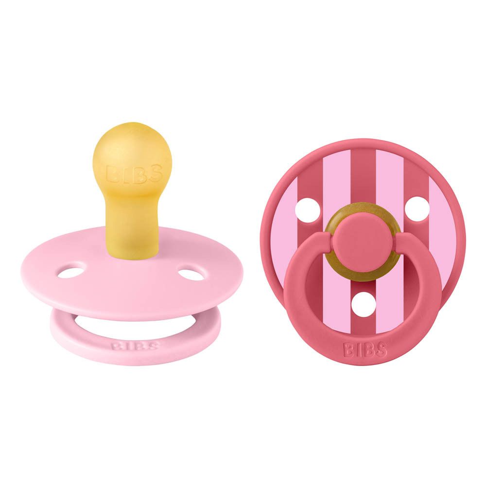 Twee roze fopspenen met strepen. BIBS-logo. Ronde vorm. Natuurrubber.