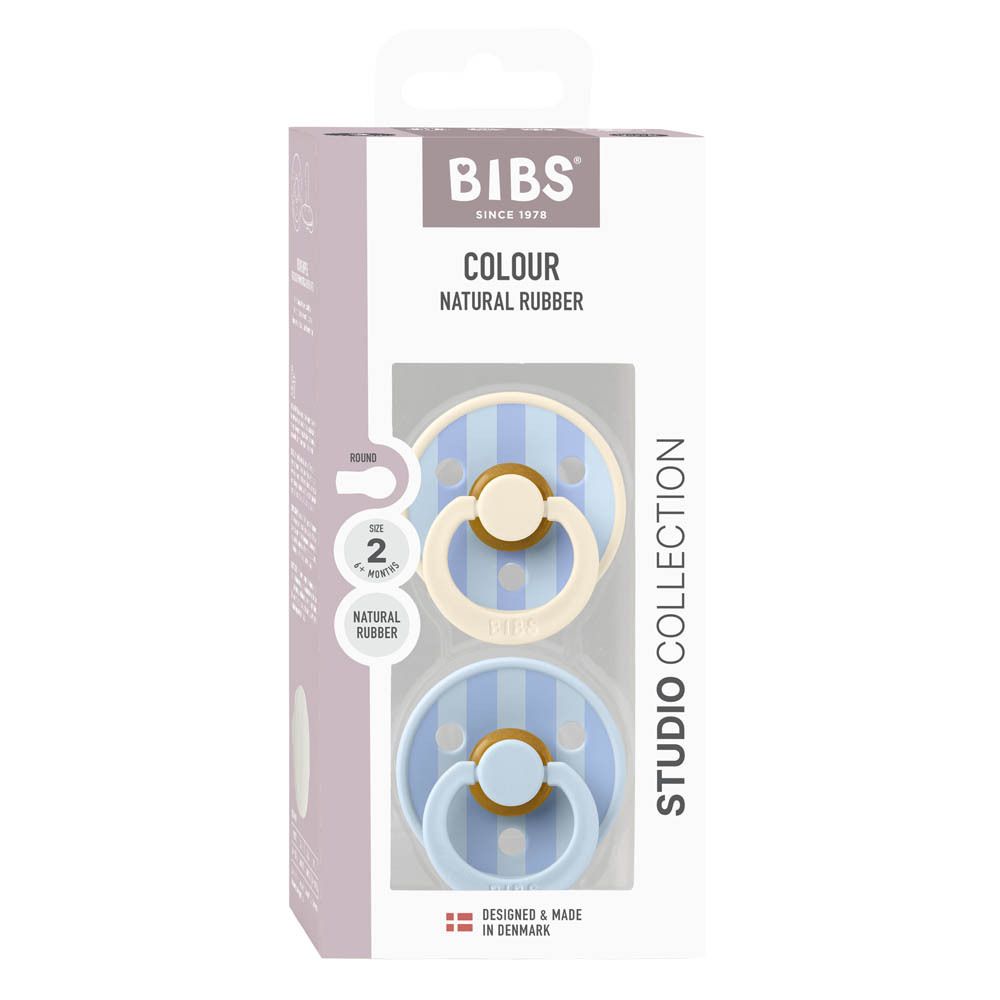 Boîte de 2 sucettes. Sucettes bleues et crème à rayures. Marque BIBS, +6 mois.