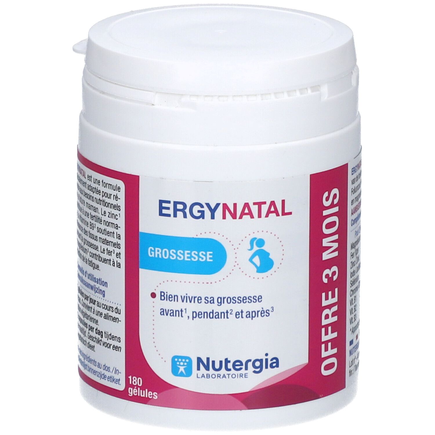 Witte Ergynatal-pot met rode en blauwe tekst. Opschrift: Ergynatal, Grossesse, 180 capsules, Nutergia. Offre 3 mois.