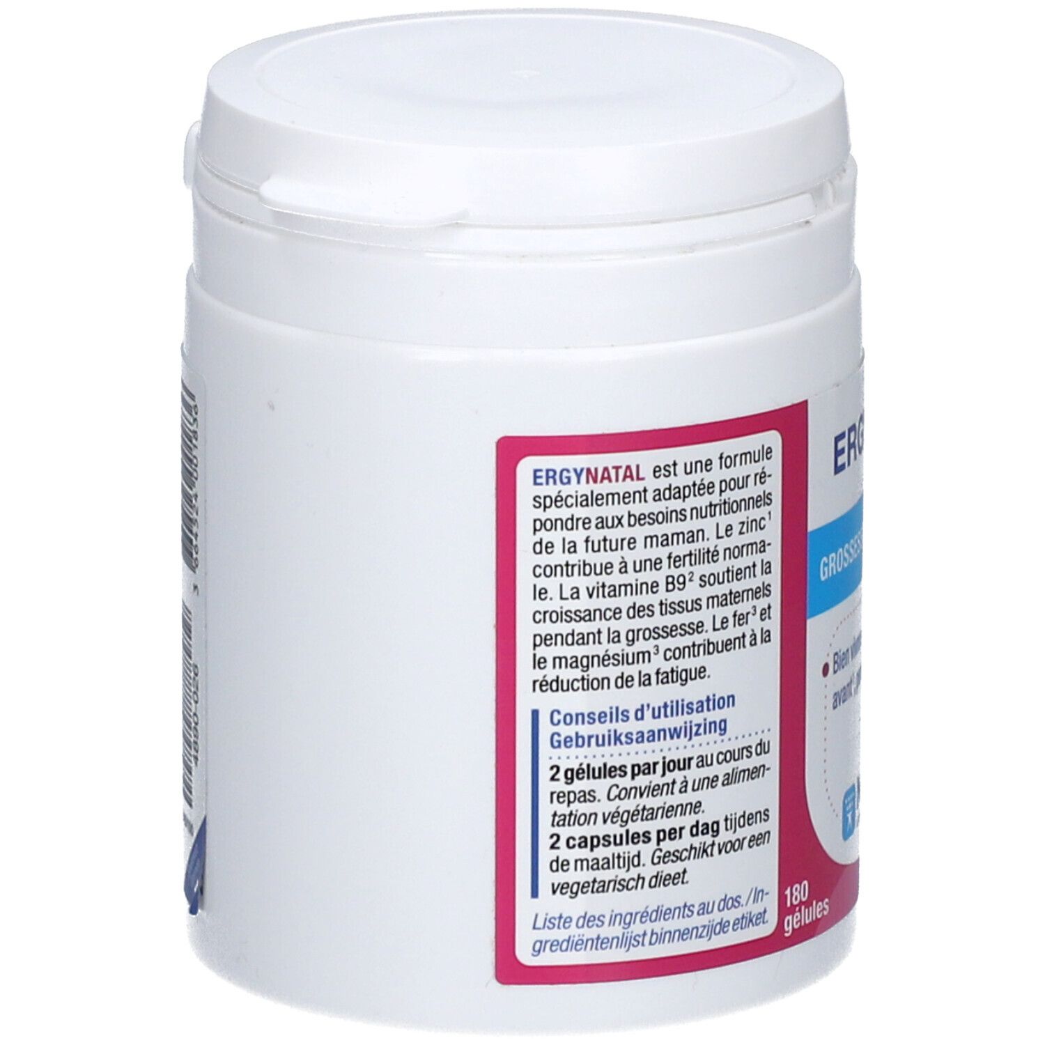 Witte Ergynatal-pot. Opschrift: Ergynatal, Grossesse, 180 capsules, Nutergia. Tekst in het Frans en Nederlands.