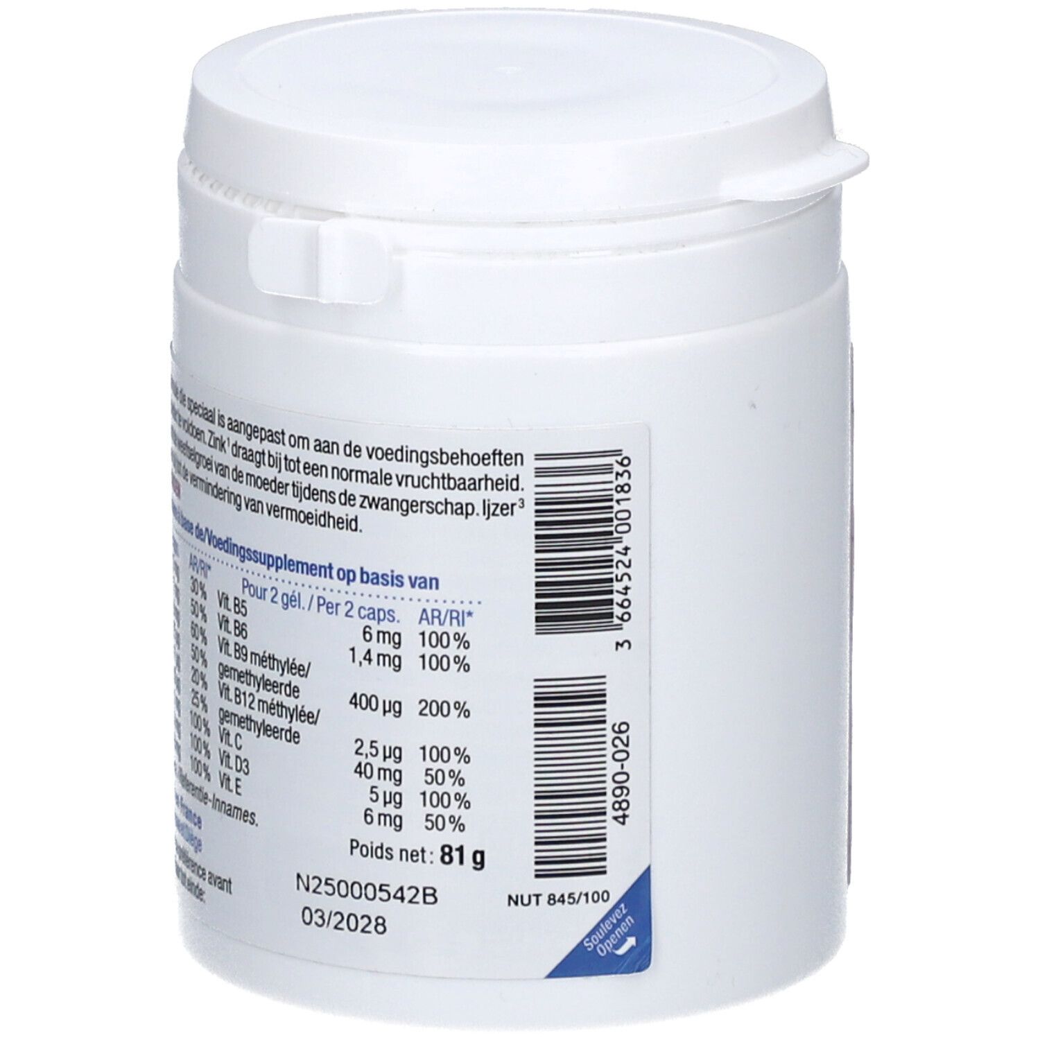 Witte Ergynatal-pot. Opschrift: Ergynatal, Grossesse, 180 capsules, Nutergia. Voedingswaarde-informatie en barcode.