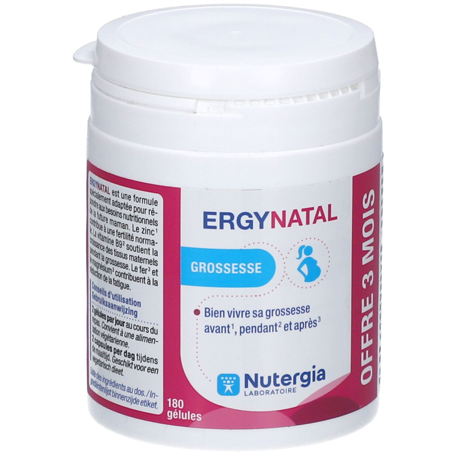 Witte Ergynatal-pot met rode en blauwe tekst. Opschrift: Ergynatal, Grossesse, 180 capsules, Nutergia. Offre 3 mois.