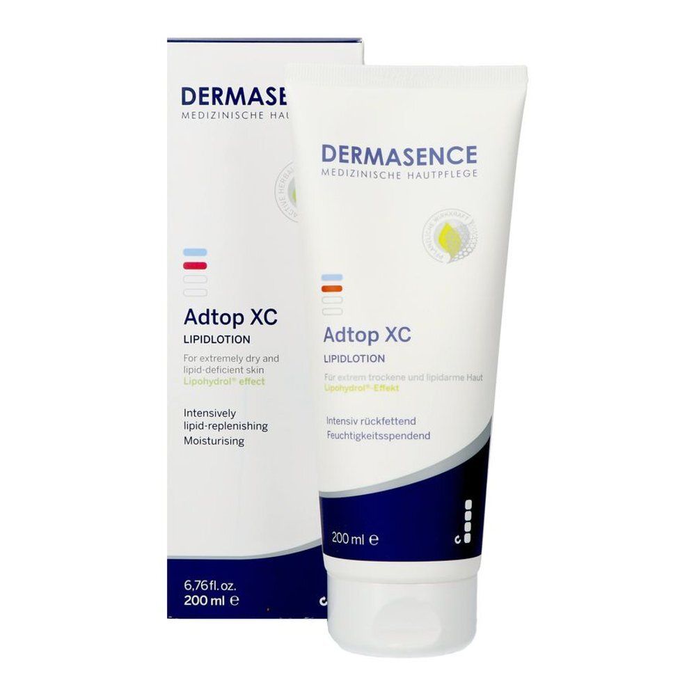 Dermasence Adtop XC Lipidlotion. Witte tube en verpakking. Productnaam en logo zichtbaar. 200 ml.
