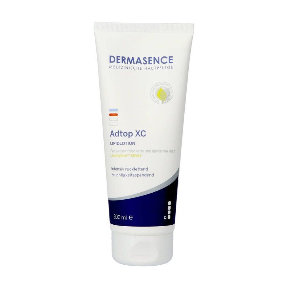 Dermasence Adtop XC Lipidlotion. Witte tube. Productnaam en logo zichtbaar. 200 ml.