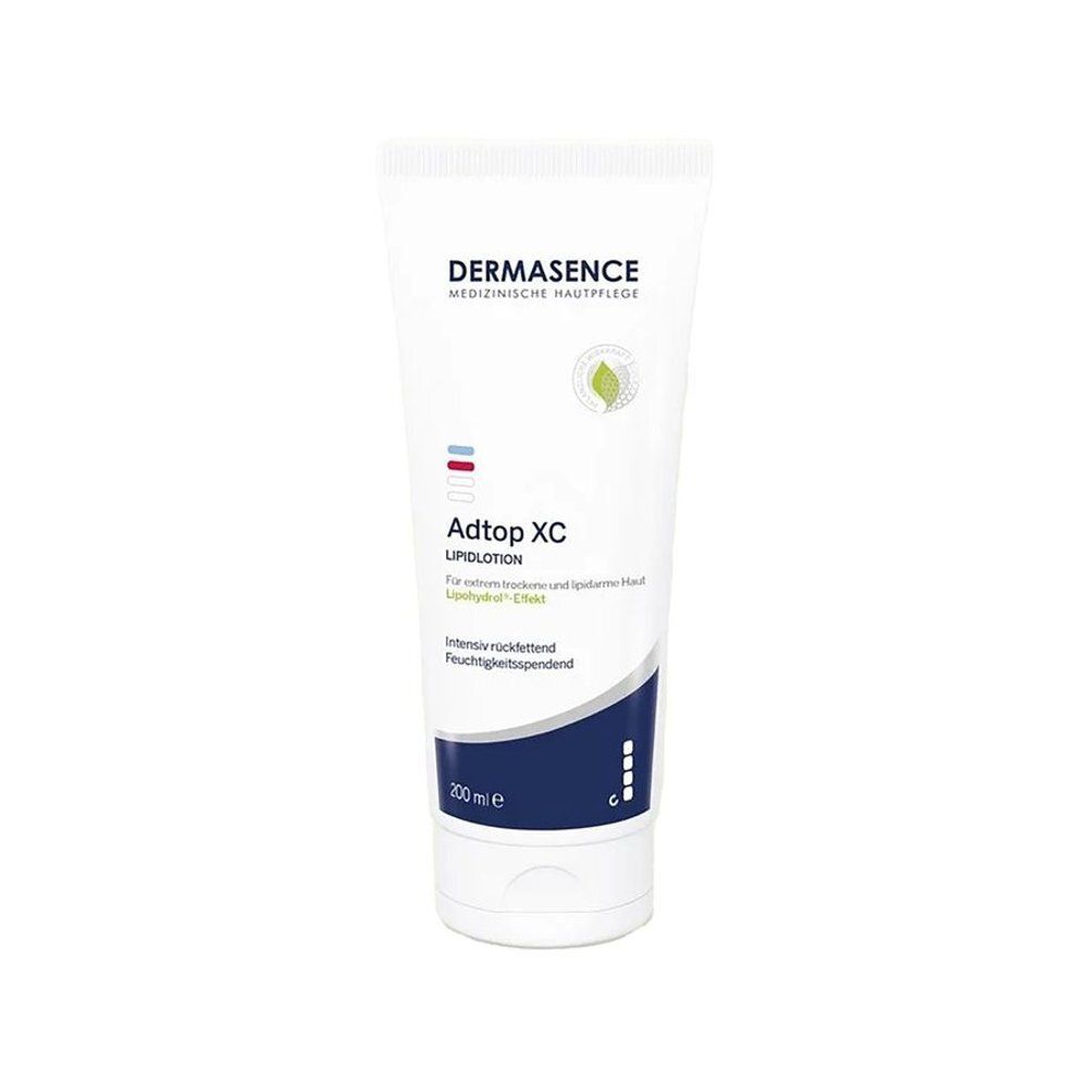 Dermasence Adtop XC Lipidlotion. Witte tube. Productnaam en logo zichtbaar. 200 ml.