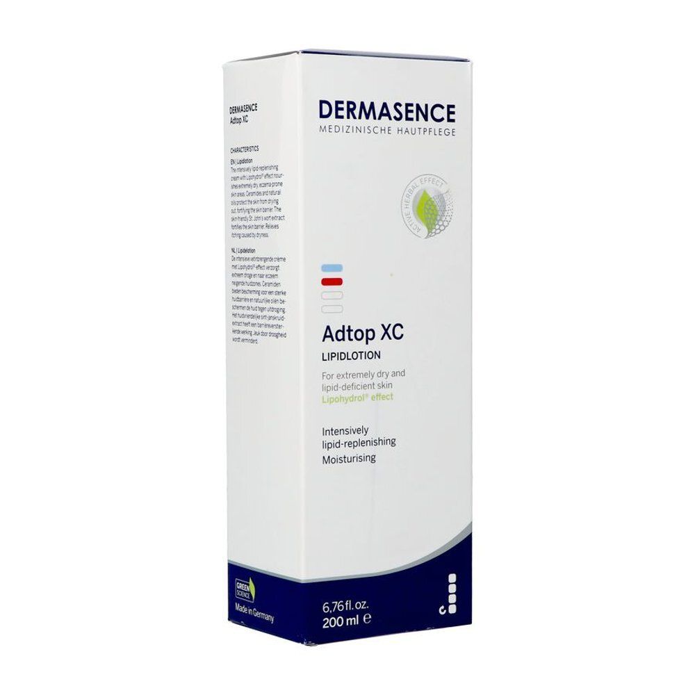 Dermasence Adtop XC. Tekst op witte achtergrond. Gebruiksaanwijzingen en kleurcodes.