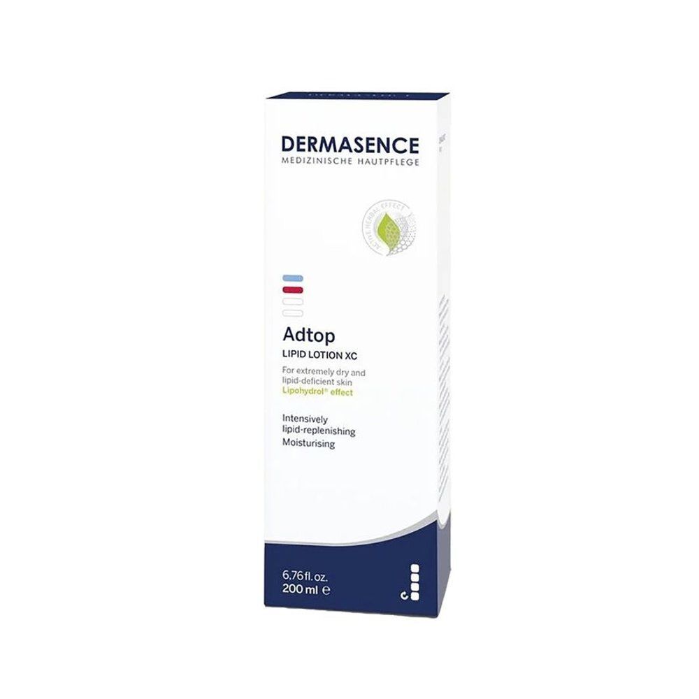 Dermasence Adtop XC Lipidlotion. Witte tube en verpakking. Productnaam en logo zichtbaar. 200 ml.