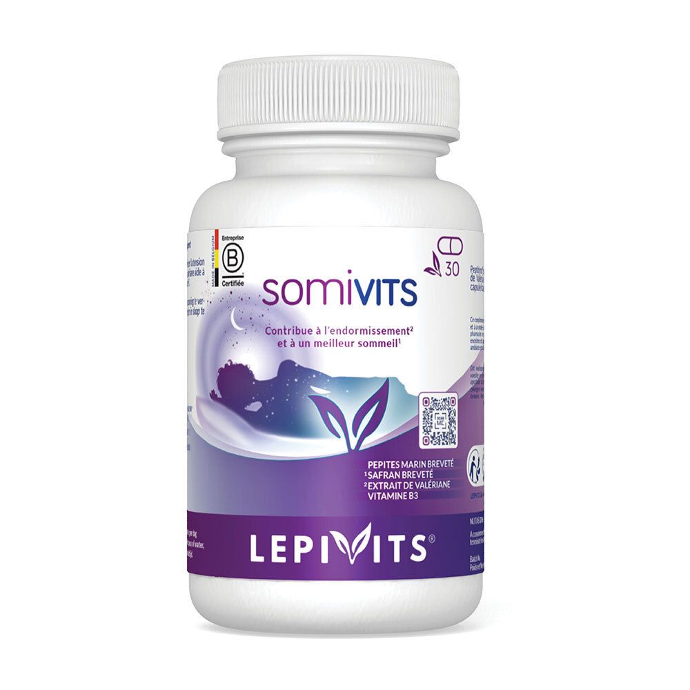 Witte fles met 'somivits' en 'LEPIVITS'. Bevat 30 capsules. Gecertificeerd.