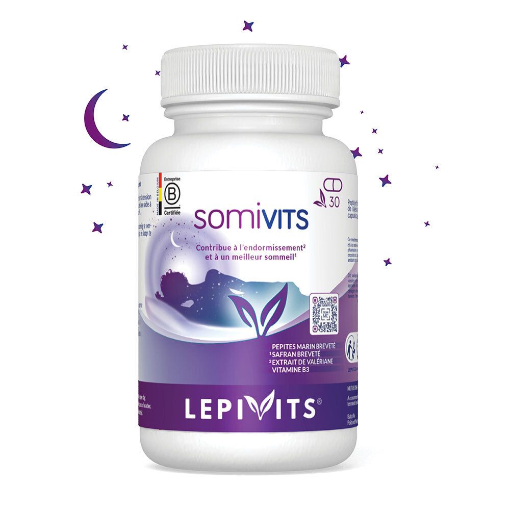 Witte fles met 'somivits' en 'LEPIVITS'. Bevat 30 capsules. Gecertificeerd.