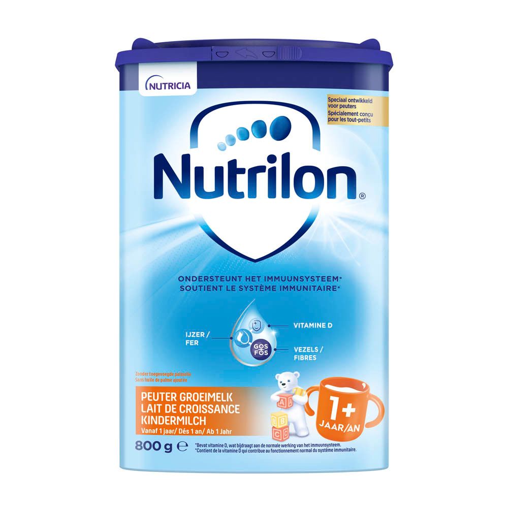 Boîte bleue Nutrilon 1+ Lait Croissance. Couvercle, logo, texte et illustrations. 800g.