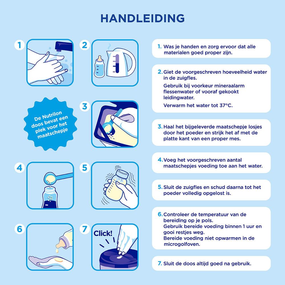 Instructies voor het bereiden van Nutrilon. Illustraties en tekst.