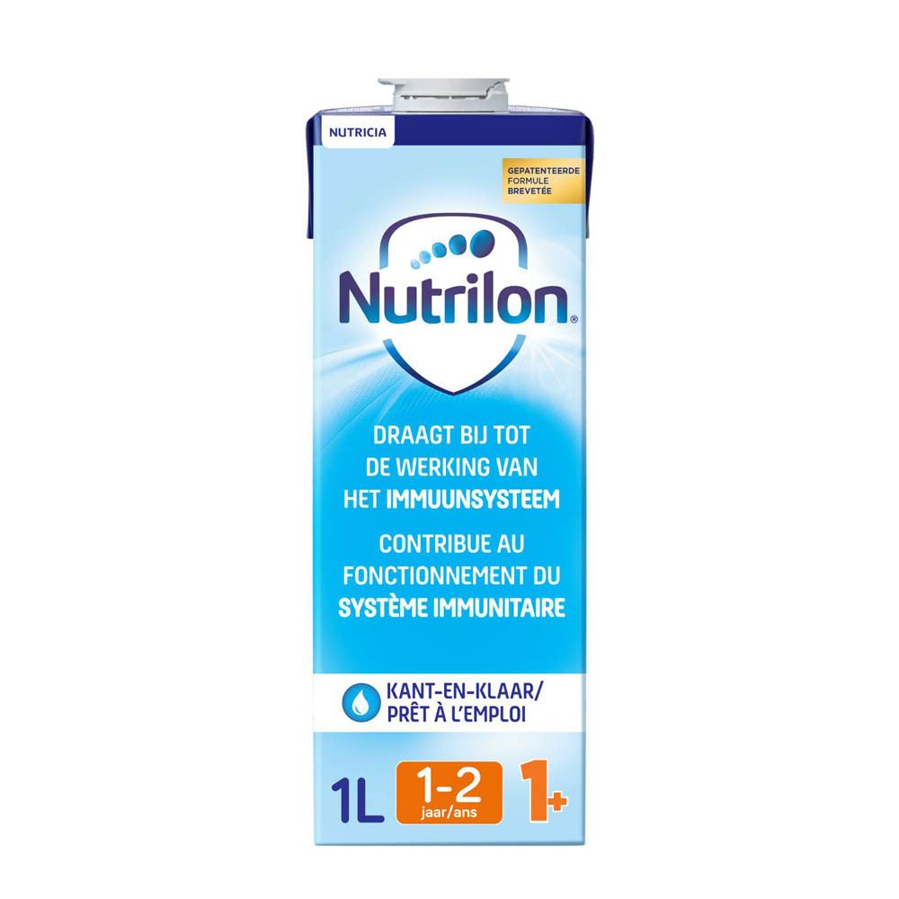 Melkpak Nutrilon 1+. Blauwe verpakking met witte dop. 1L. Klaar voor gebruik.