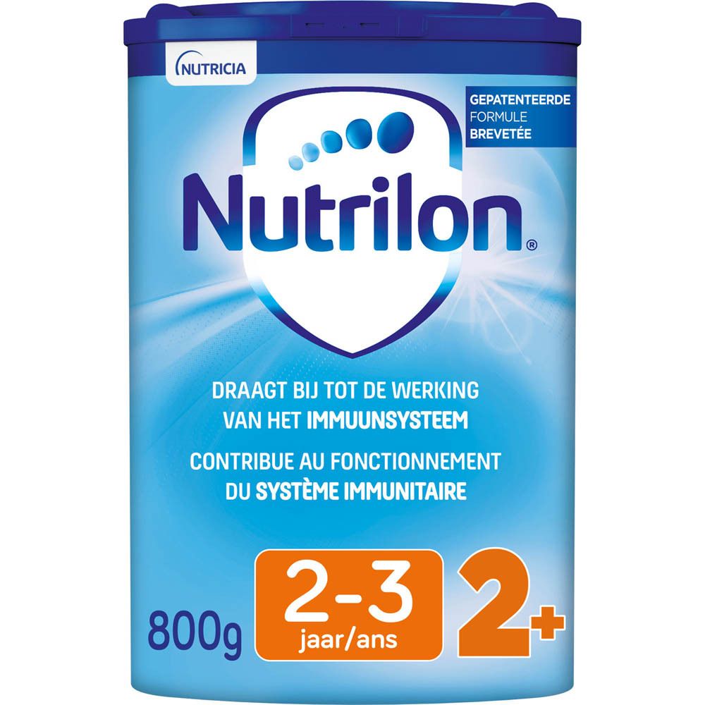 Blauwe doos Nutrilon 2+ Lait Croissance. Deksel, logo, tekst. 800g. 2-3 jaar.