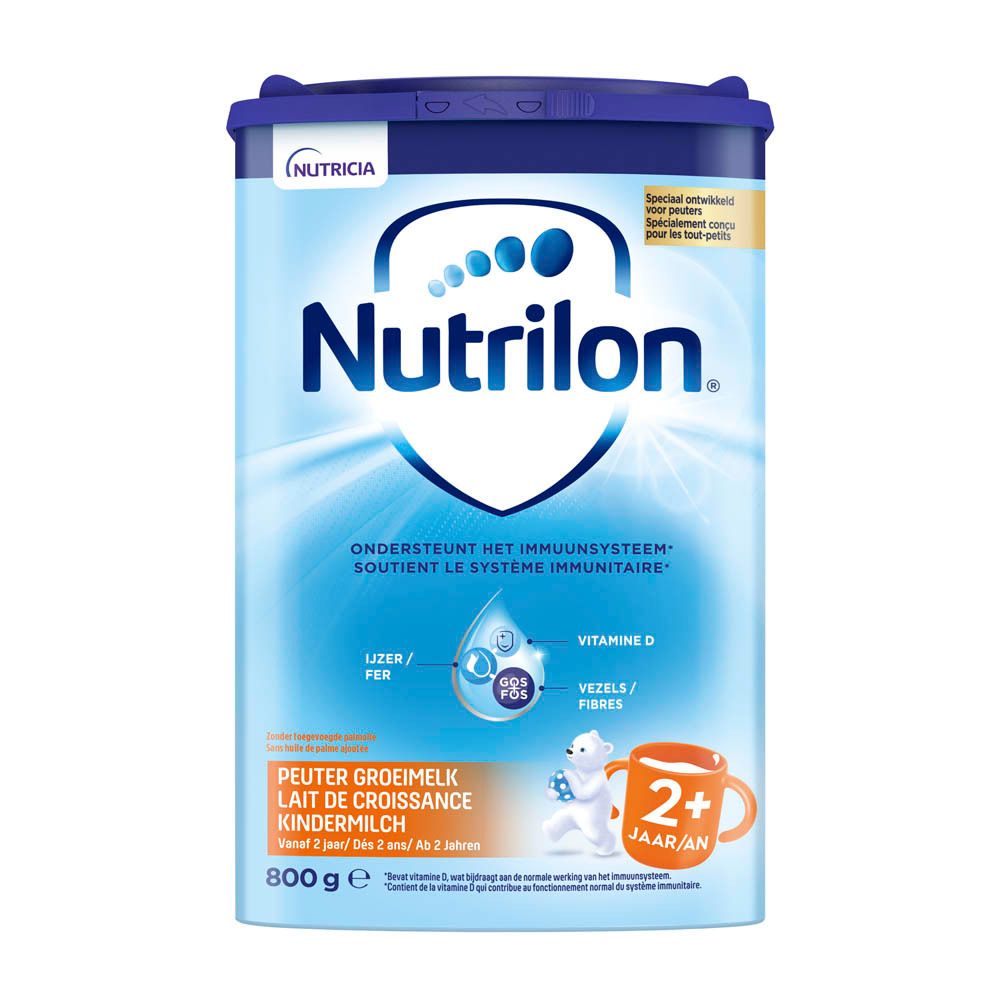 Blauwe doos Nutrilon 2+ Lait Croissance. Deksel, logo, tekst. 800g. 2+ jaar.