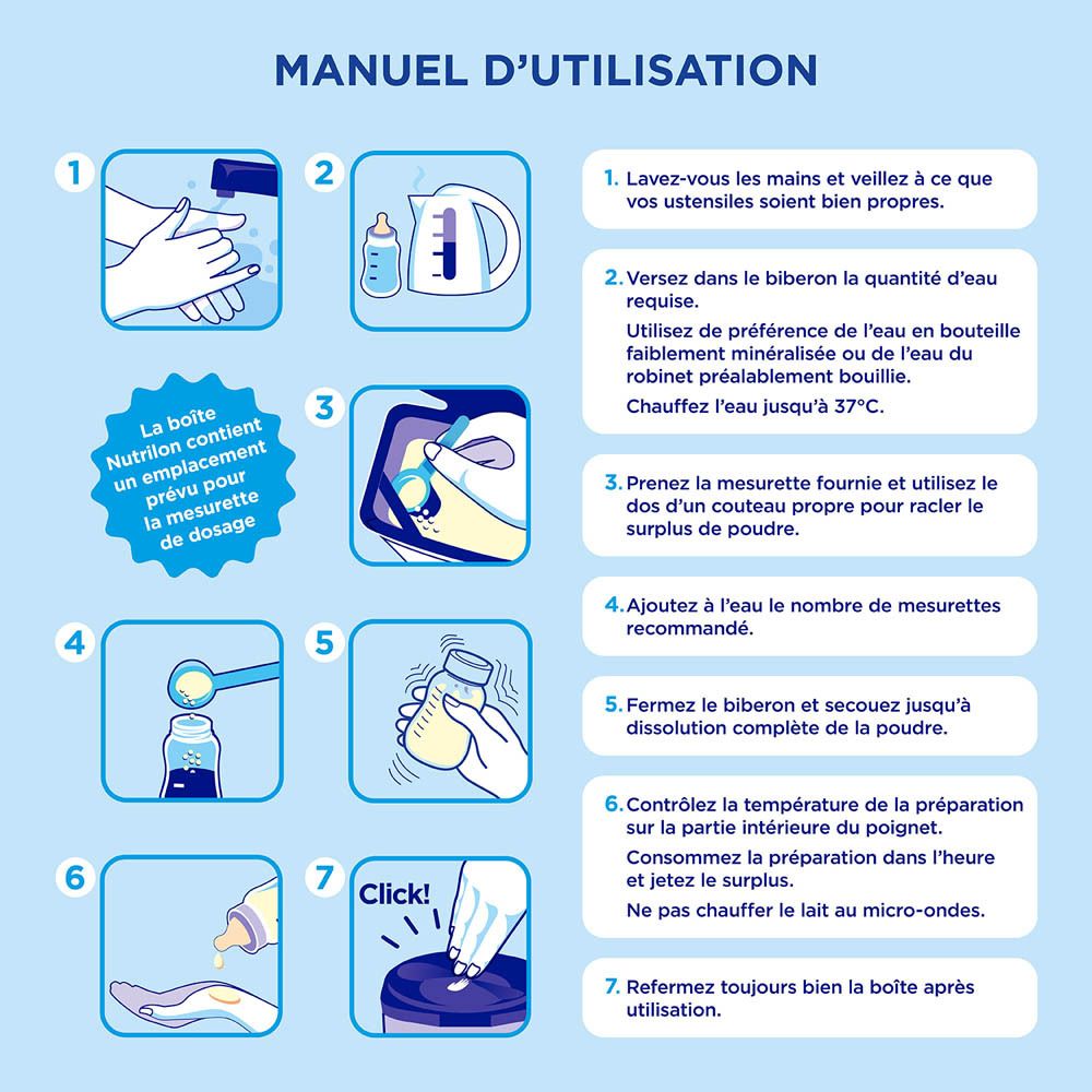 Instructions pour préparer Nutrilon. 7 étapes, mains, biberon, bouilloire, cuillère doseuse.
