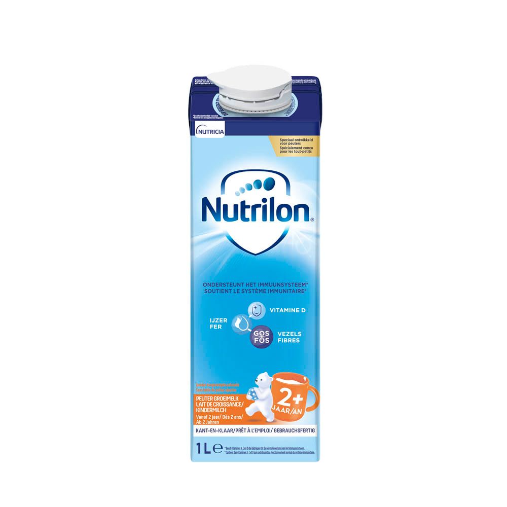 Nutrilon melkpak, blauwe verpakking. Bevat ijzer, vitamine D, GOS/FOS, vezels. Voor kinderen vanaf 2 jaar. 1 liter.