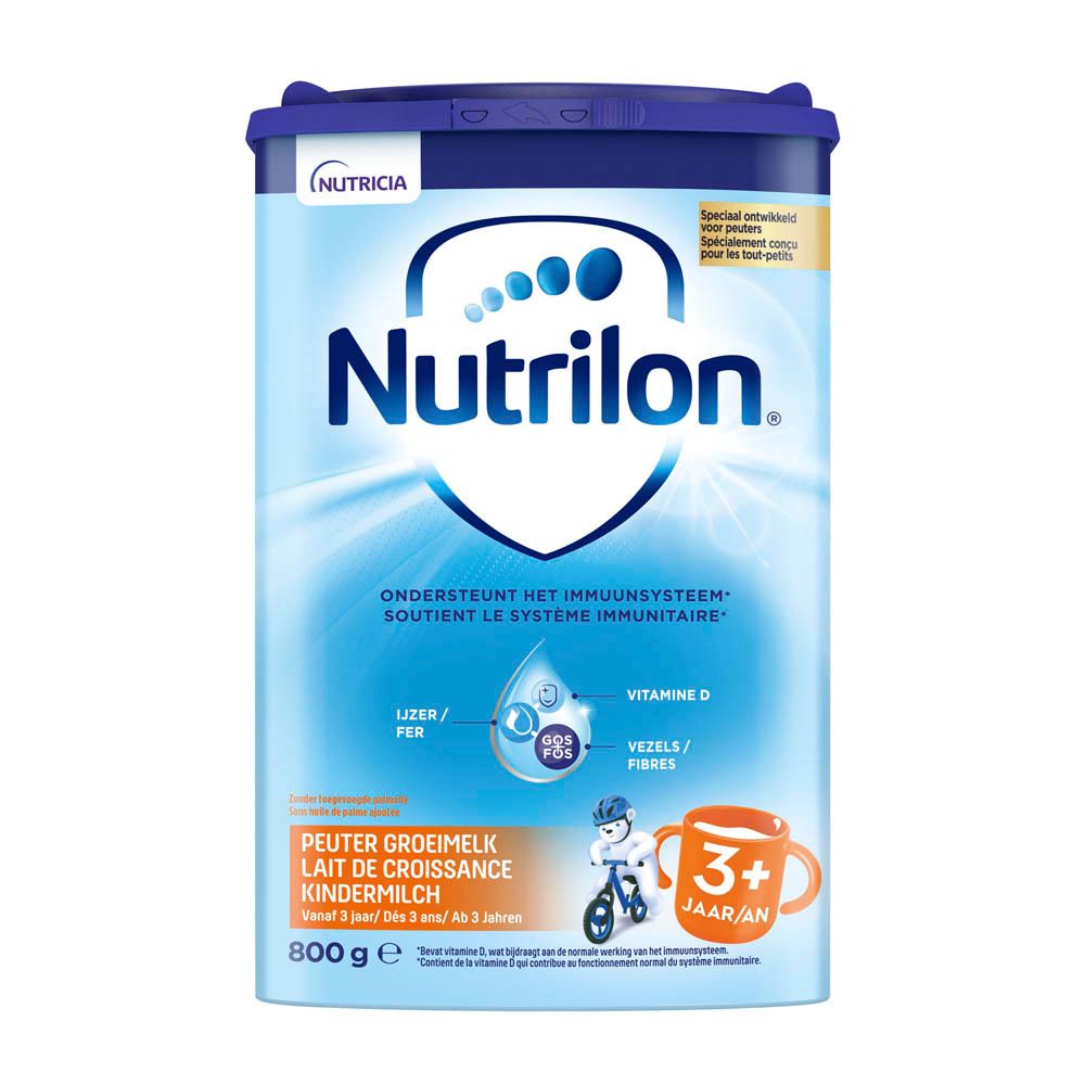 Boîte Nutrilon. Boîte bleue avec couvercle. Texte : 3+ ans. Contient du lait en poudre.