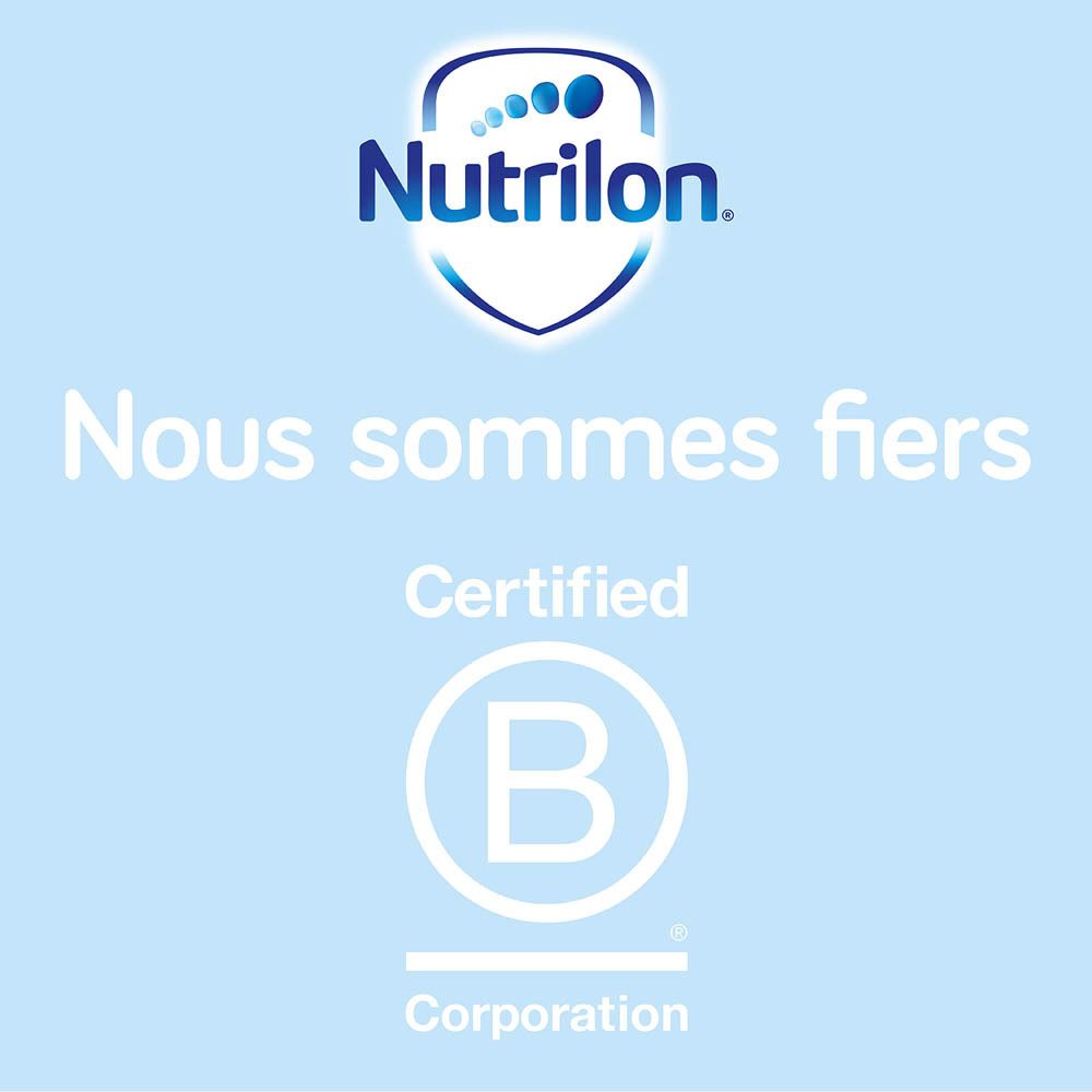 Logo Nutrilon. Texte : Nous sommes fiers. Certification B Corp.