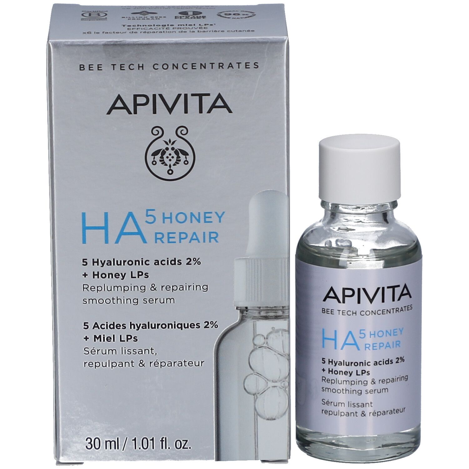 Emballage et flacon du produit. Boîte avec nom du produit, marque Apivita et ingrédients. HA5 Honey Repair Sérum. Avec pipette.