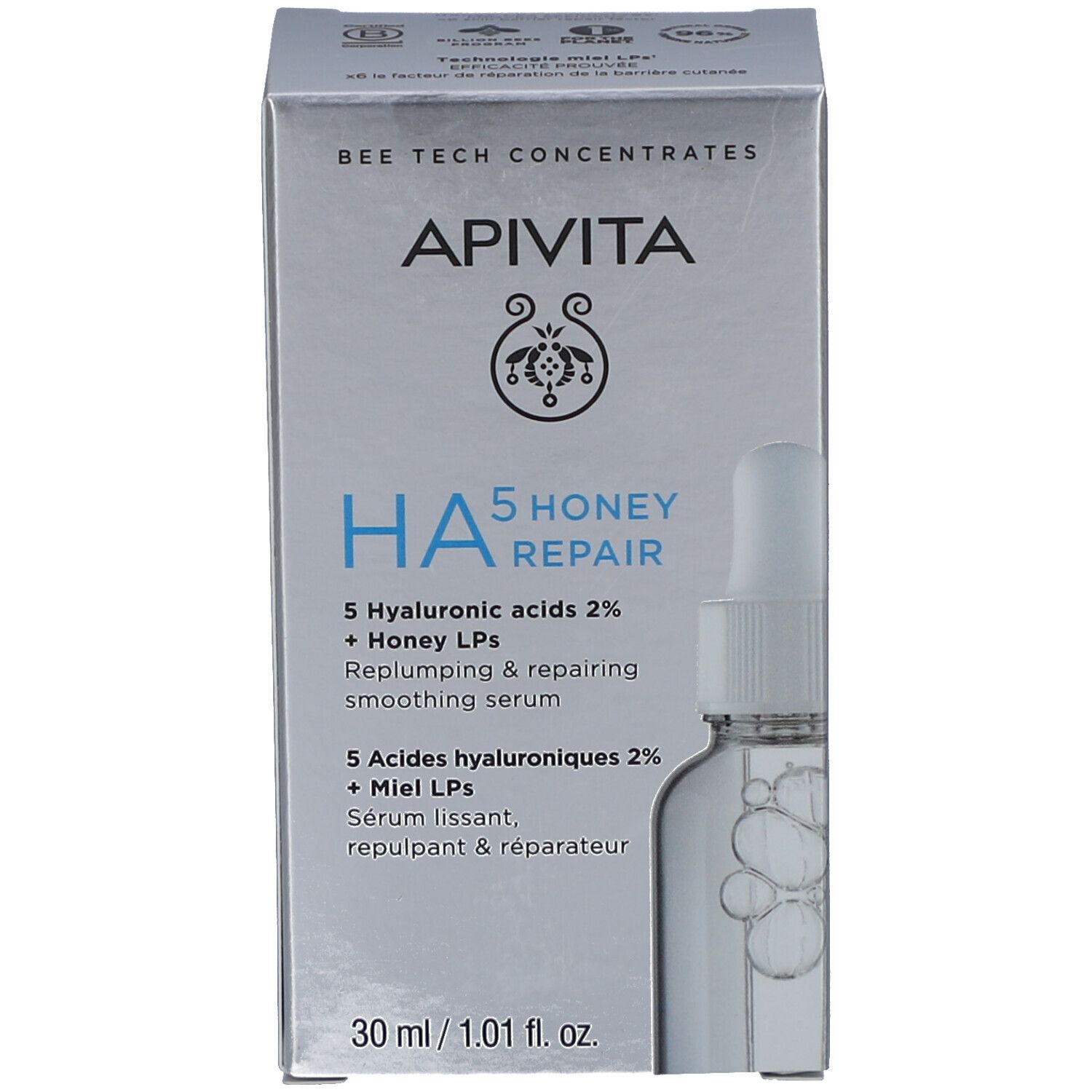 Emballage et flacon du produit. Boîte avec nom du produit, marque Apivita et ingrédients. HA5 Honey Repair Sérum. Avec pipette.
