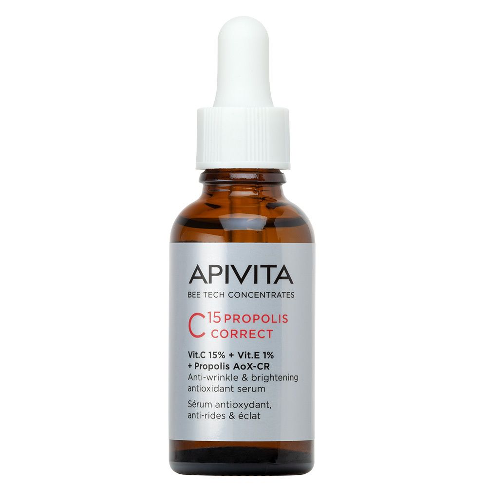 Sérum Apivita C15 Propolis Correct : flacon en verre brun avec bouchon compte-gouttes blanc. Étiquette argentée avec informations produit.