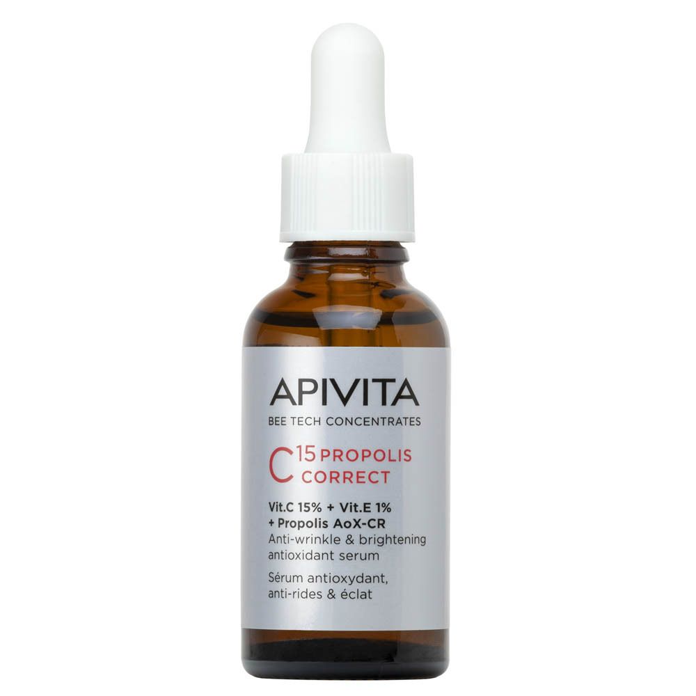 Apivita C15 Propolis Correct Serum: bruine glazen fles met witte druppeltop. Zilveren etiket met productinformatie.