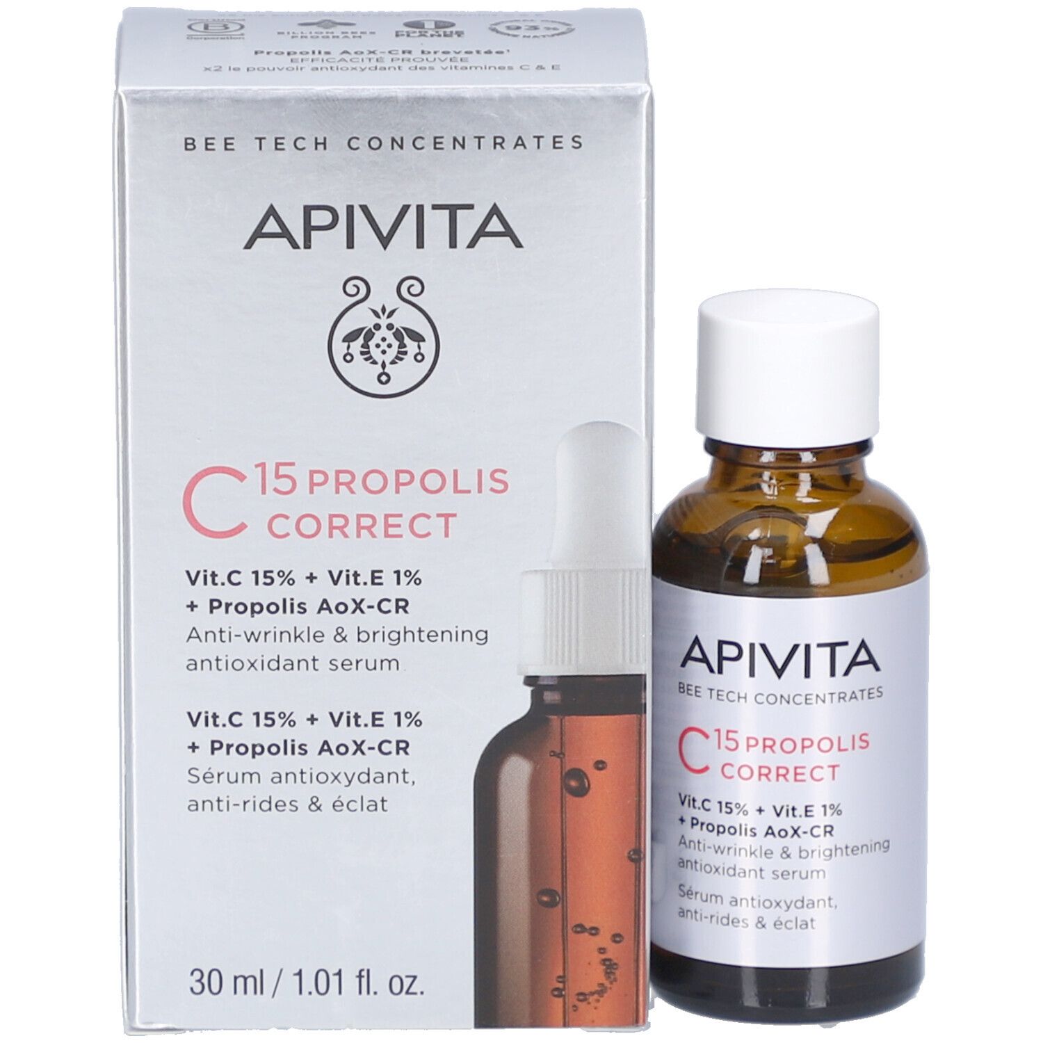 Produit et emballage. Flacon et boîte. Marque : Apivita. Nom du produit et ingrédients sur l'emballage.