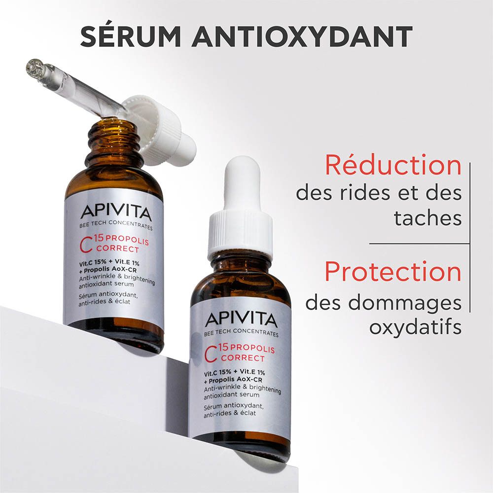 Sérum Apivita C15 Propolis Correct : flacon en verre brun avec bouchon compte-gouttes blanc. Étiquette argentée avec informations produit.