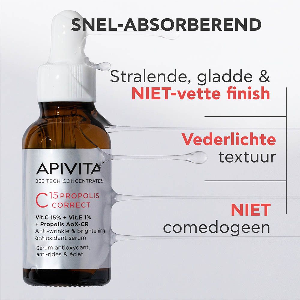 Apivita C15 Propolis Correct Serum: Lichte textuur, snel absorberend, niet vet. Geeft een stralende, gladde huid. Niet comedogeen.
