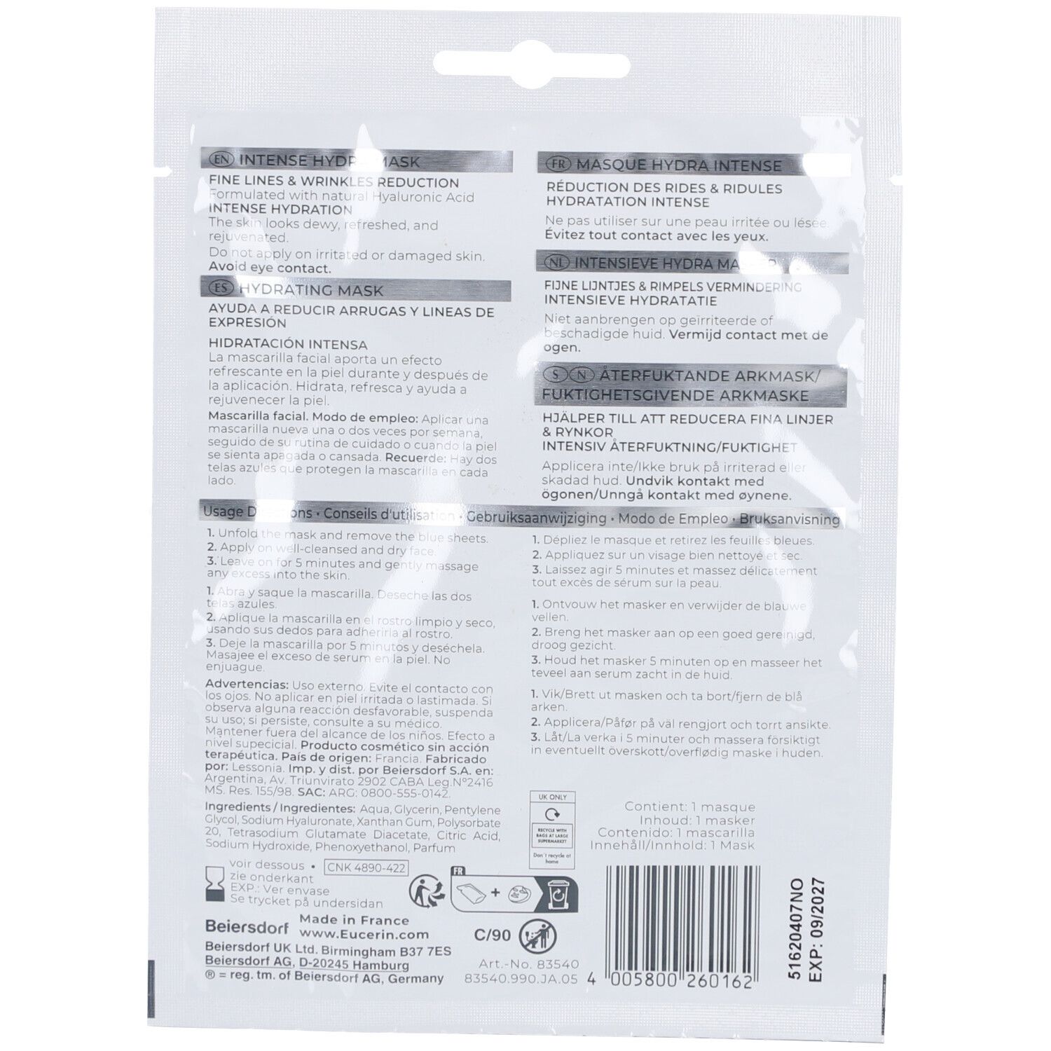 Achterkant van de verpakking van Eucerin Hyaluron-Filler + 3x Effect Intense Hydra Mask. Meertalige tekst, witte achtergrond.