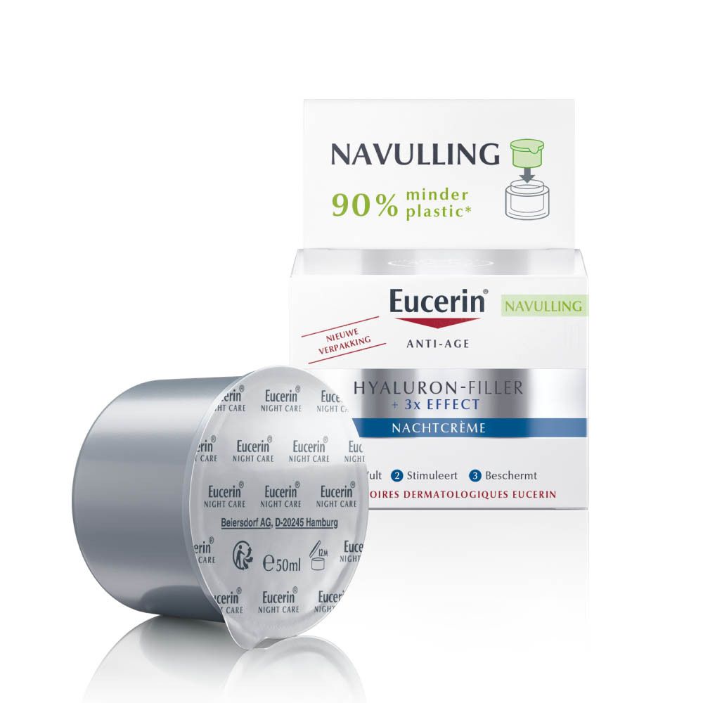 Crèmepot en doos. Eucerin Hyaluron-Filler + 3x Effect Nachtcrème. Navulling zichtbaar.