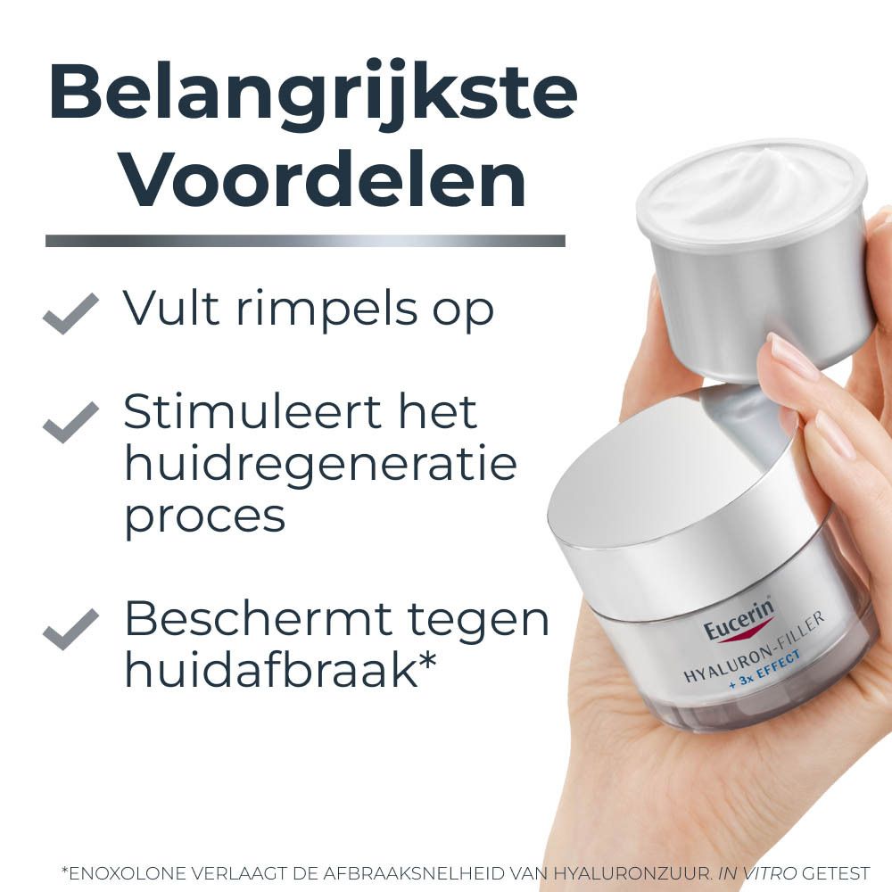 Doos met product en navulling. Eucerin Hyaluron-Filler + 3x Effect Nachtcrème.
