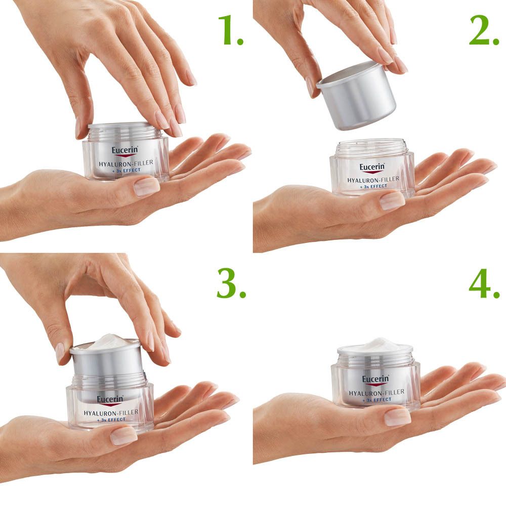 Doos met product en navulling. Eucerin Hyaluron-Filler + 3x Effect Nachtcrème.